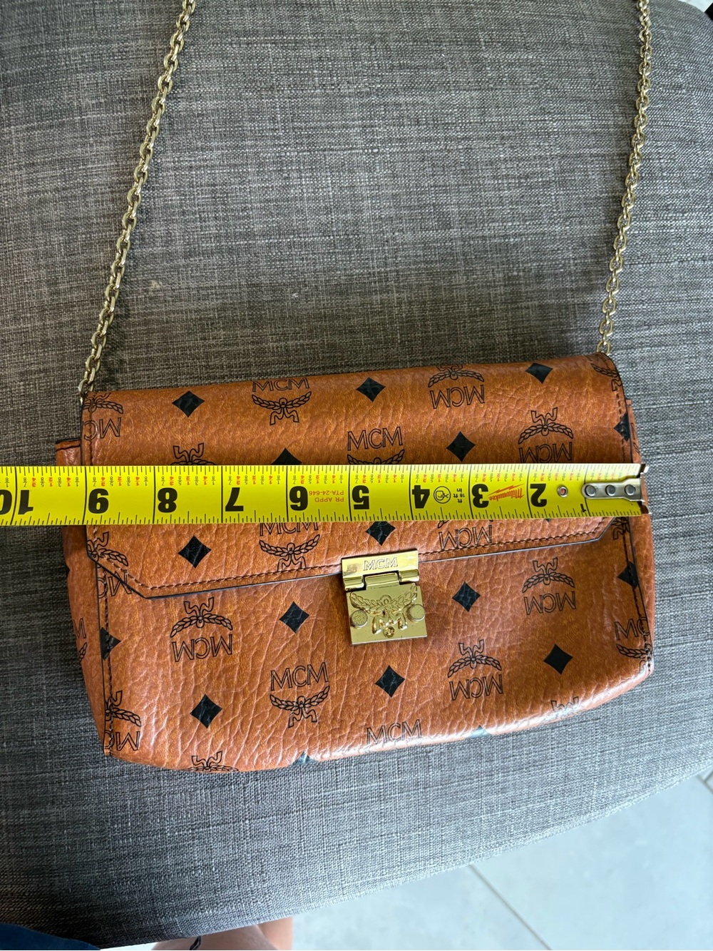 MCM Cognac Visetos Leather Shoulder Bag with Gold Chain - Picture 10 of 15